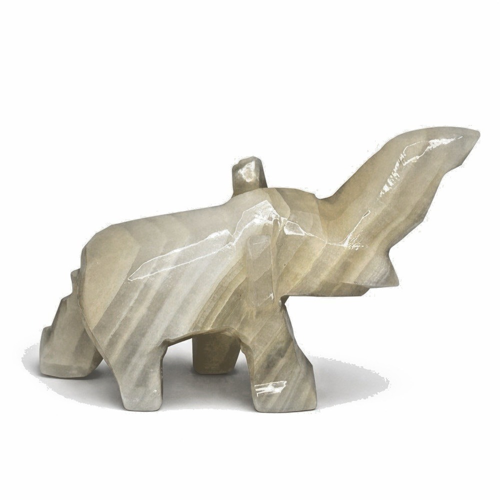 Vintage Onyx Elephant Figurine Trunk Up Banded‎ Calcite Stone 3 Inch